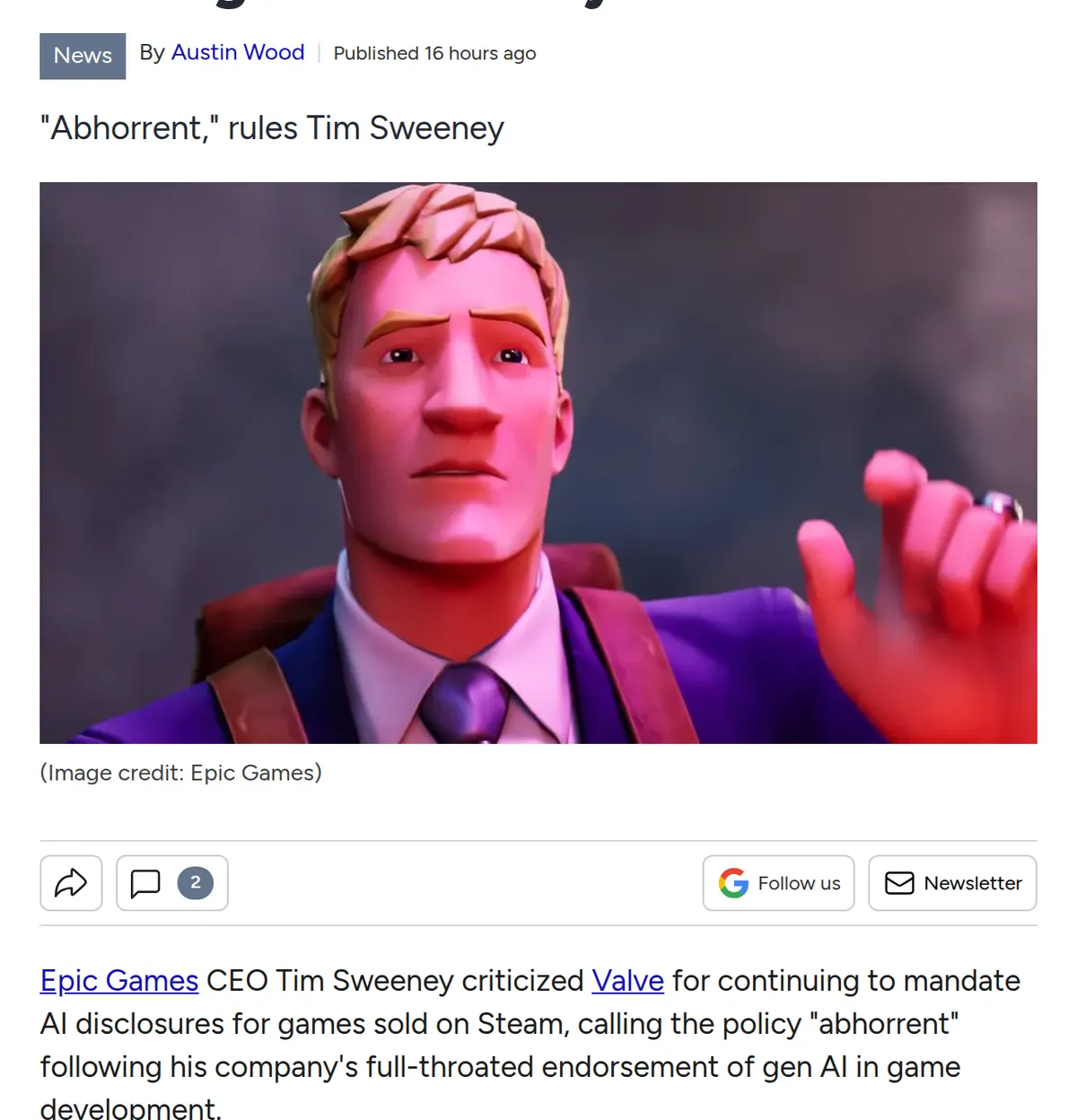GamesRadar, October 23, 2026: Tim Sweeney called forcing developers to write a political statement for Steam's AI disclosures abhorrent.