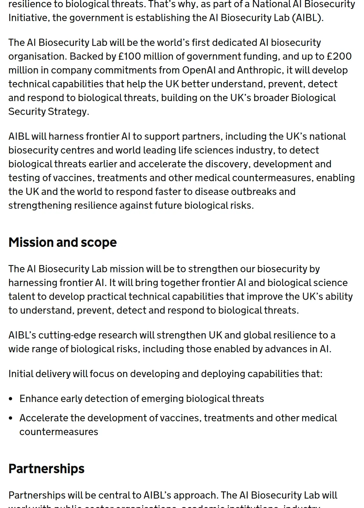 GOV.UK, 24 October 2026: the government calls the new AI Biosecurity Lab the world's first.