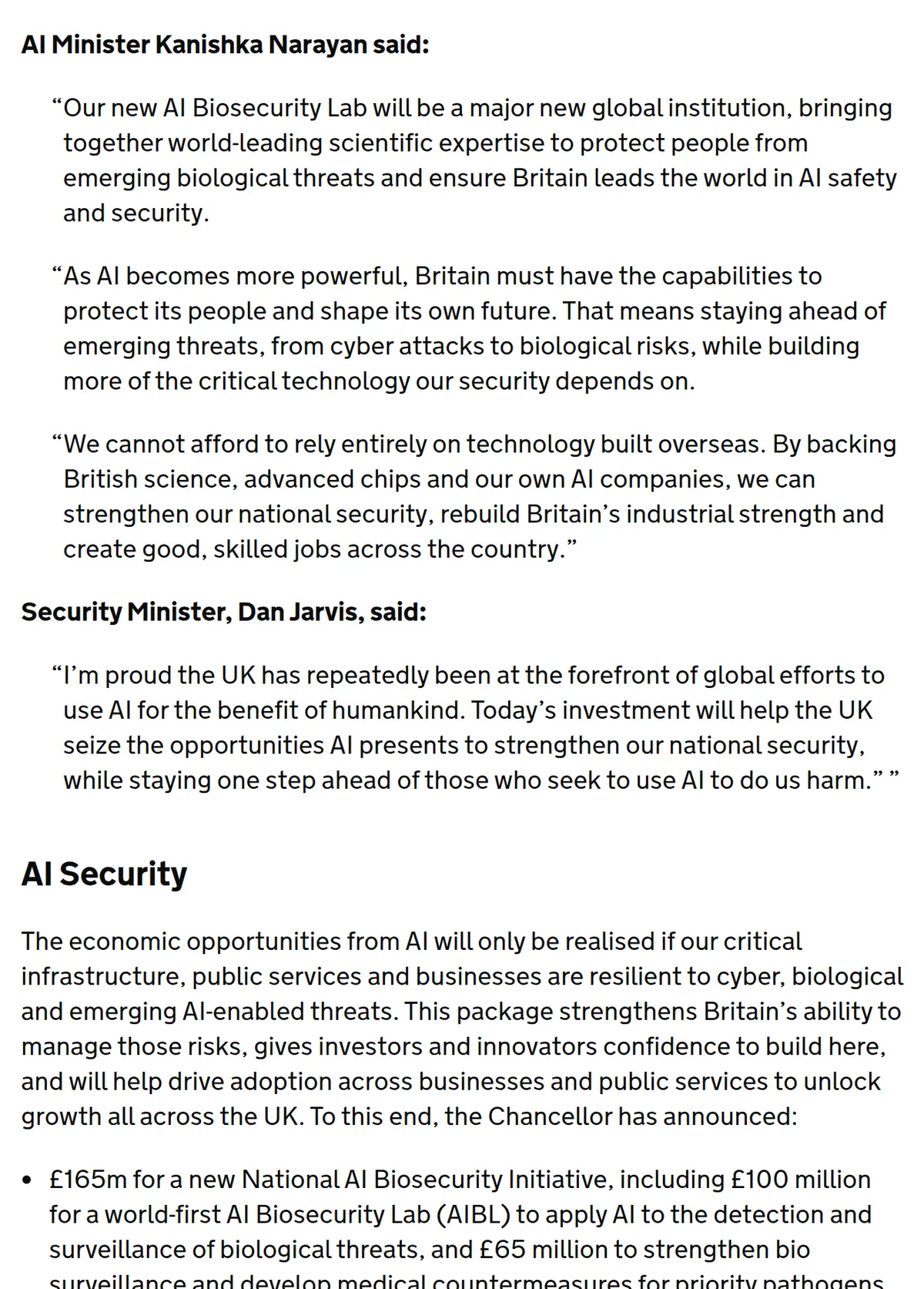 GOV.UK, 24 October 2026: the AI package, including the £100 million biosecurity lab, model credits from OpenAI and Anthropic, the AI Security Institute, the National Cyber Shield, and John Healey's quote.