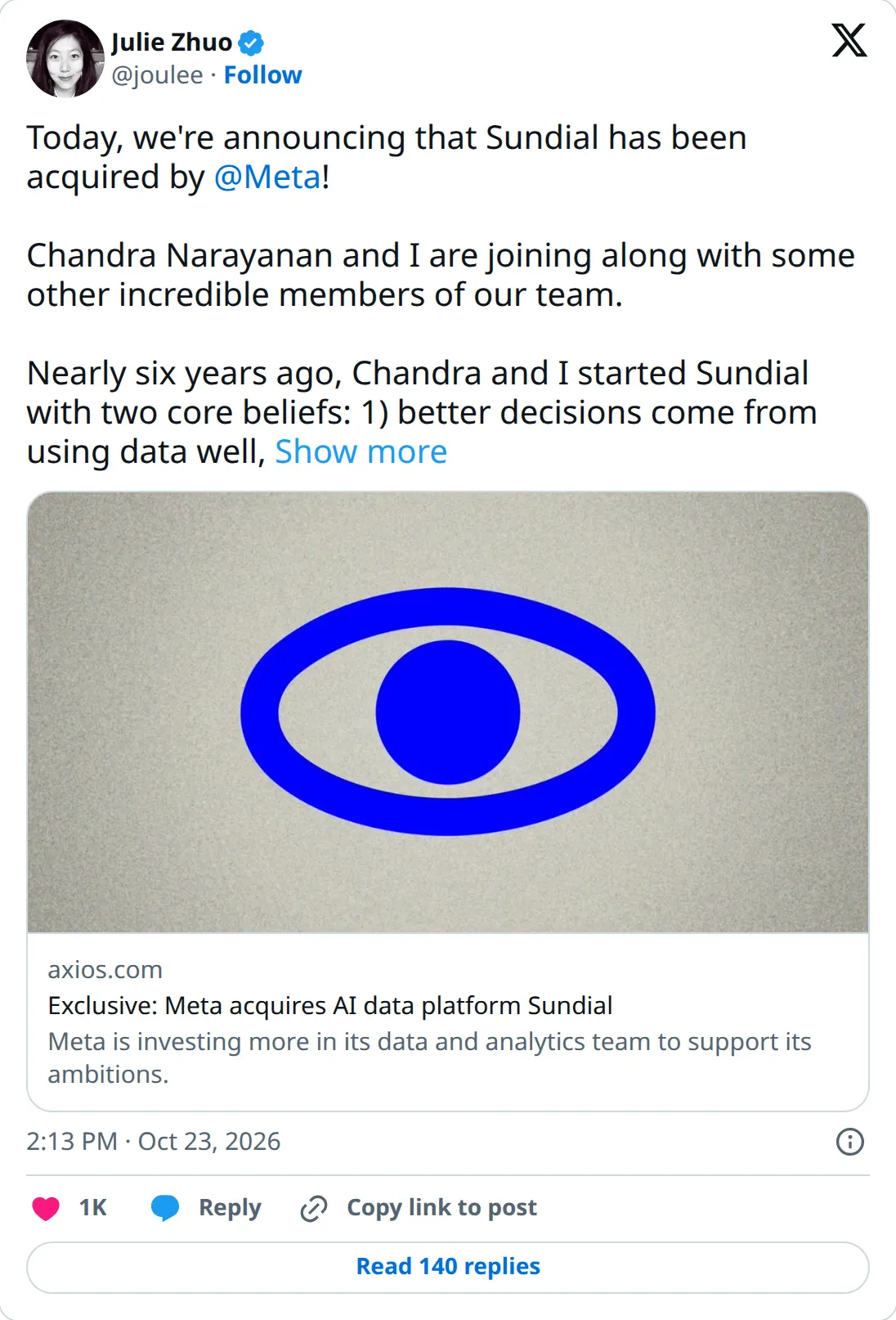 Julie Zhuo on X, October 23, 2026 at 2:13 PM PT: Sundial has been acquired by Meta, customers included OpenAI and Gamma, and the product cleans data and writes SQL.