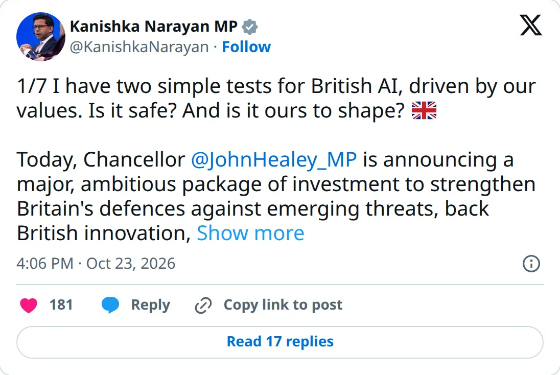 Kanishka Narayan on X, October 23, 2026 at 4:06 PM PT, listing the UK AI security package.