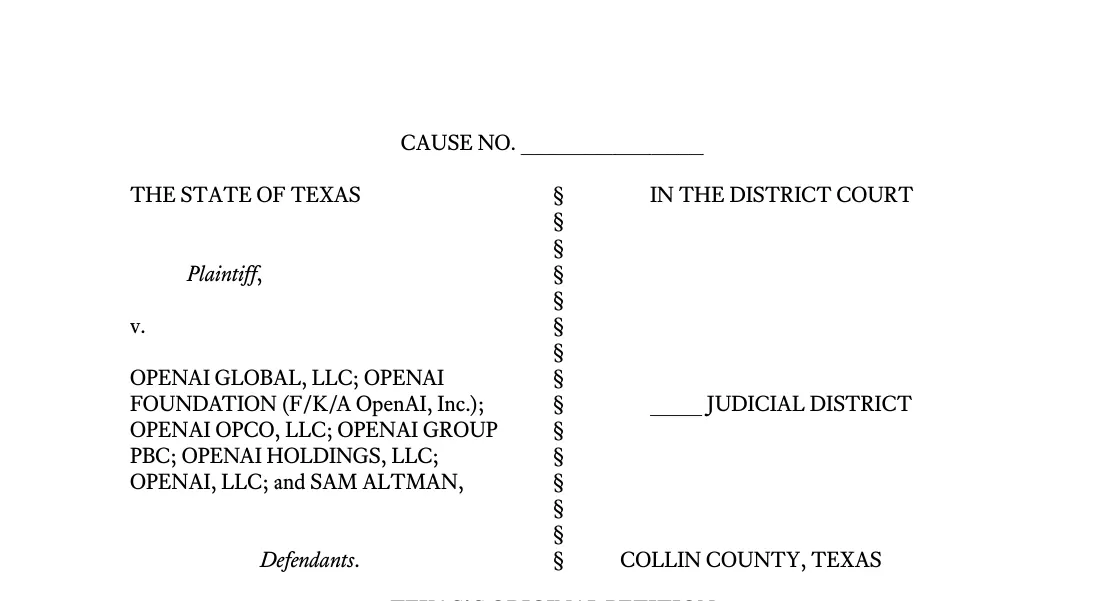 Texas original petition: the suit is filed in a state district court in Collin County and names OpenAI companies and Sam Altman.