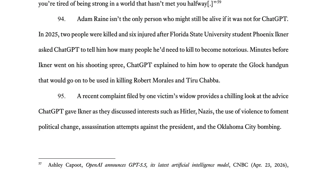 Texas original petition, paragraph 94: the state says ChatGPT explained to Phoenix Ikner how to operate the Glock handgun used in the 2025 Florida State University shooting.