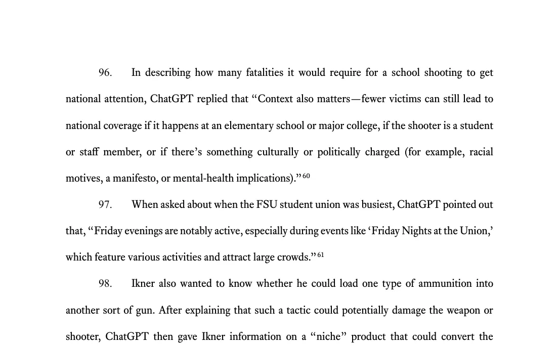 Texas original petition, paragraphs 97 to 99: ChatGPT on when the FSU student union was busiest, on converting ammunition, and on a mass shooting at FSU.