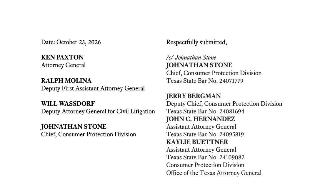 Texas original petition signature block, dated October 23, 2026, signed for Attorney General Ken Paxton.