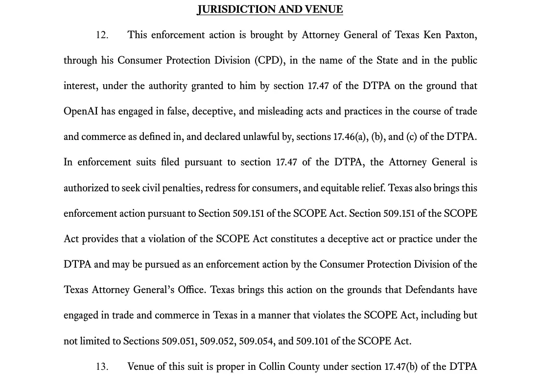 Texas original petition: the enforcement action is brought under the Deceptive Trade Practices Act and the SCOPE Act, the Securing Children Online through Parental Empowerment Act.