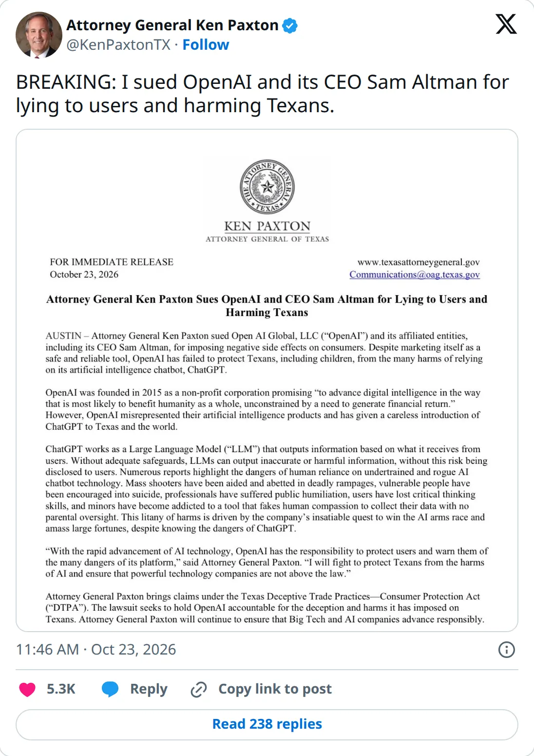 Ken Paxton on X, October 23, 2026 at 11:46 AM PT, announcing the lawsuit and quoting OpenAI's statement that the claims are without merit.