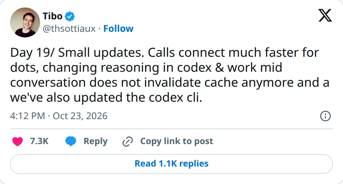 Tibo Sottiaux on X, October 23, 2026 at 4:12 PM PT: switching reasoning level mid-conversation no longer invalidates the cache.