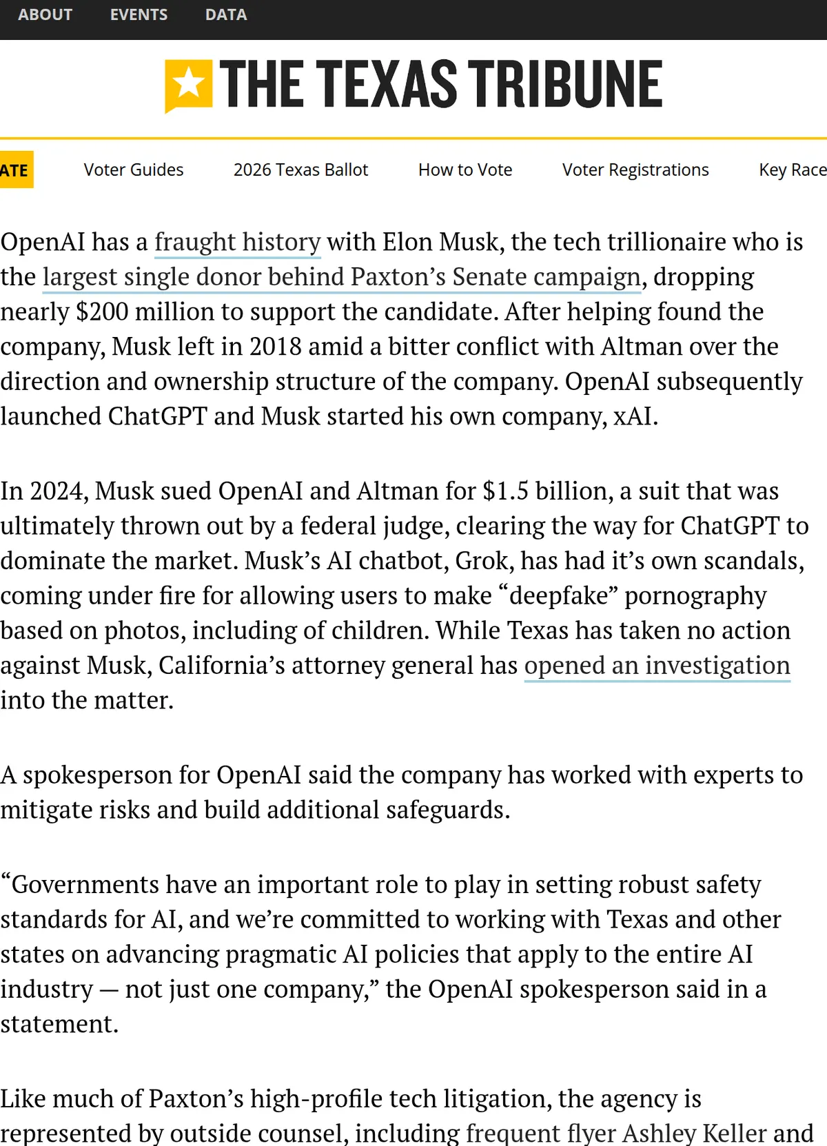 Texas Tribune, October 23, 2026: Paxton is the GOP nominee for U.S. Senate, and in the last year he has sued or settled with Meta, TikTok, Snapchat and Roblox.