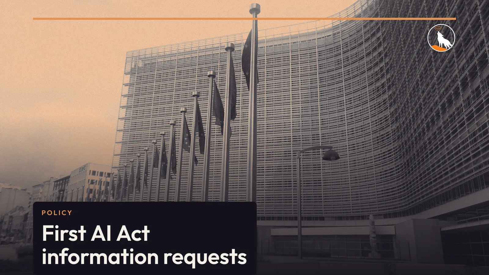 The Berlaymont building in Brussels, graded navy and orange, with the title of the AI Act story.