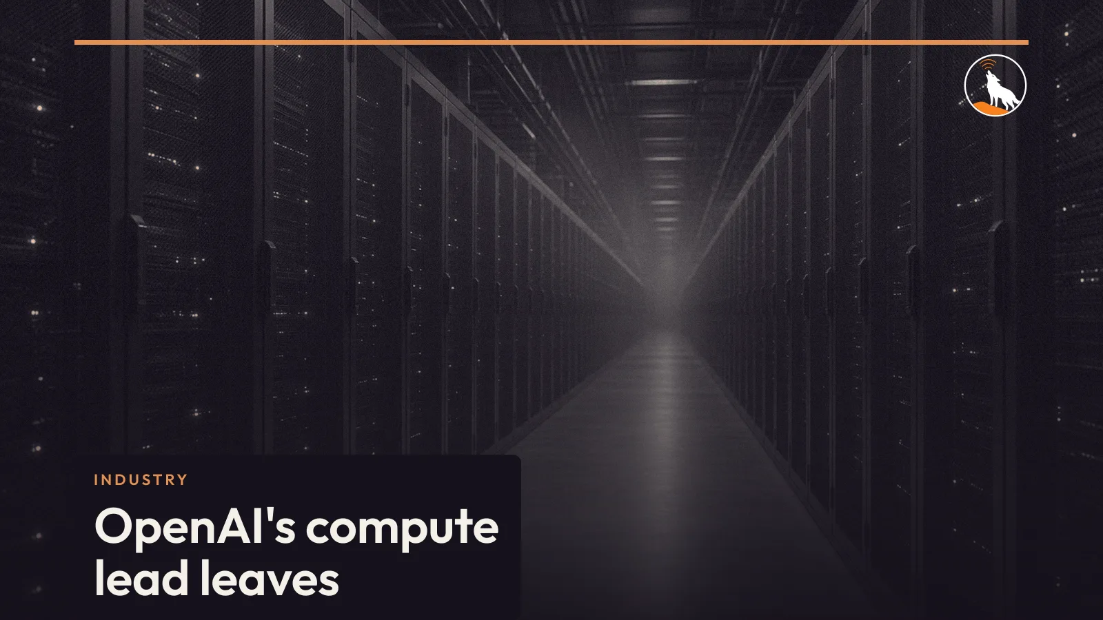 A generated data-center aisle, graded navy and orange, with the title of the compute-lead story.