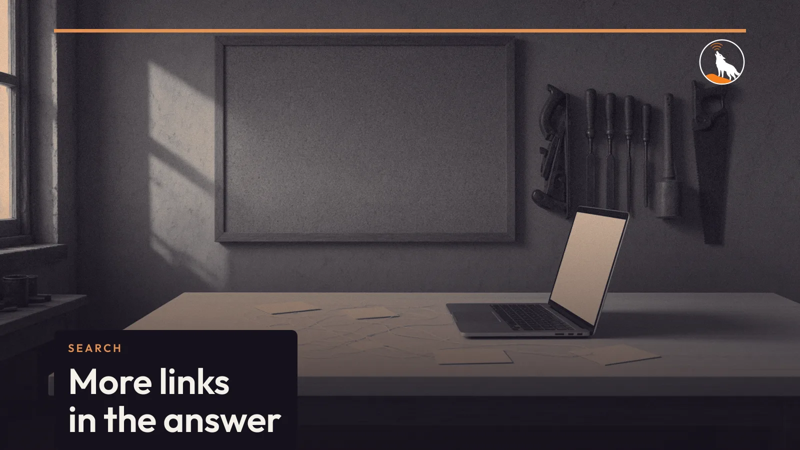 A generated desk of blank cards tied together, graded navy and orange, with the AI Mode links title.