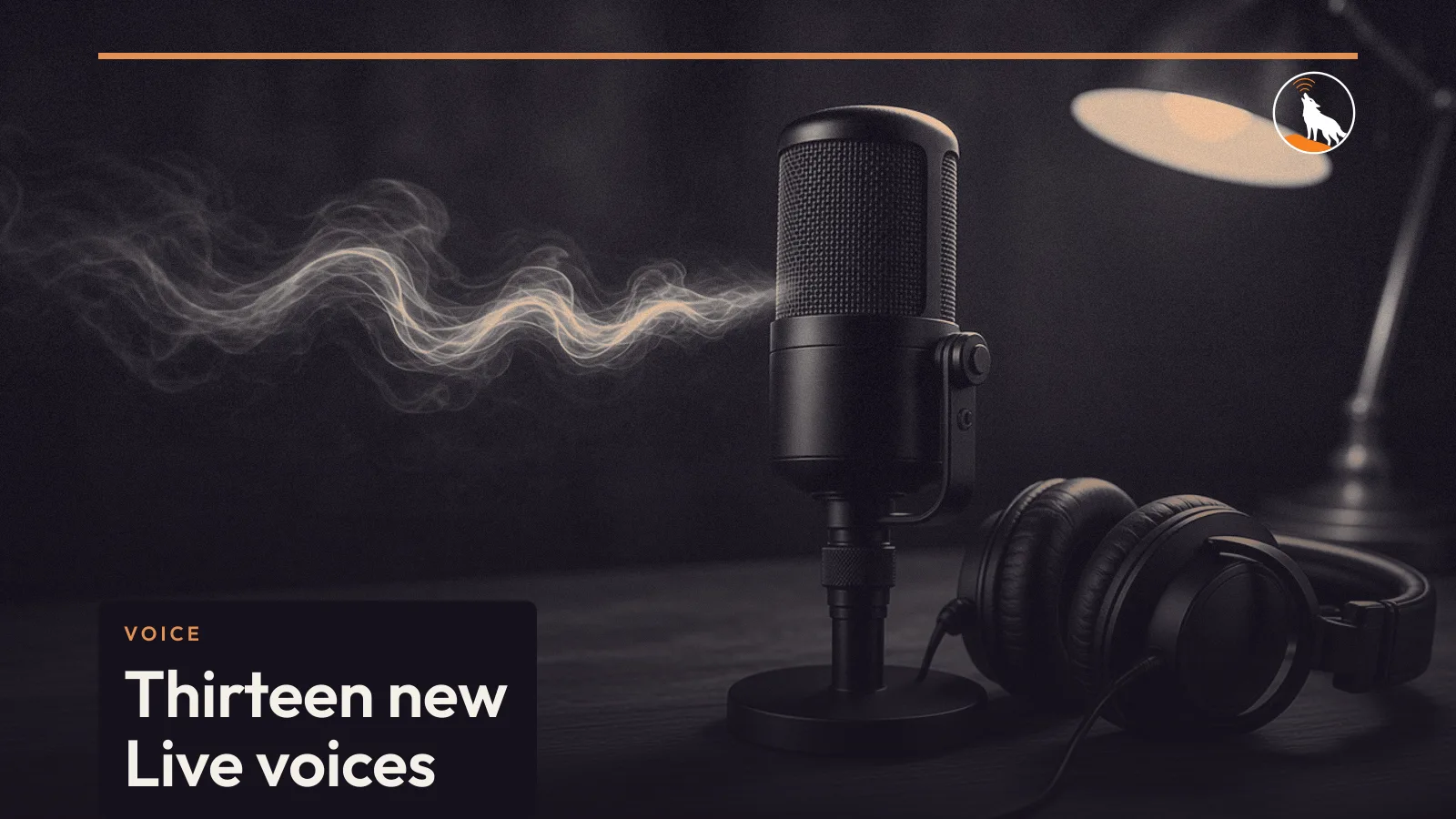 A generated studio microphone and headphones, graded navy and orange, with the Live voices title.