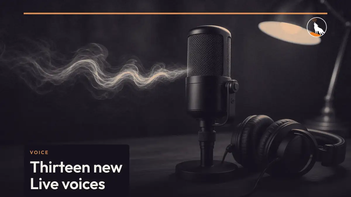 A generated studio microphone and headphones, graded navy and orange, with the Live voices title.