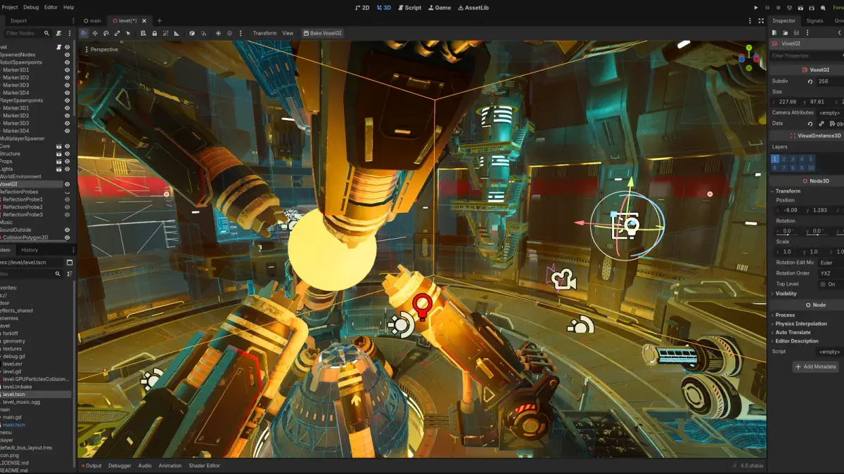 The Godot 4.6 editor open on a busy sci-fi level from Godot's third-person shooter demo, with the scene tree, file browser and inspector around the 3D view