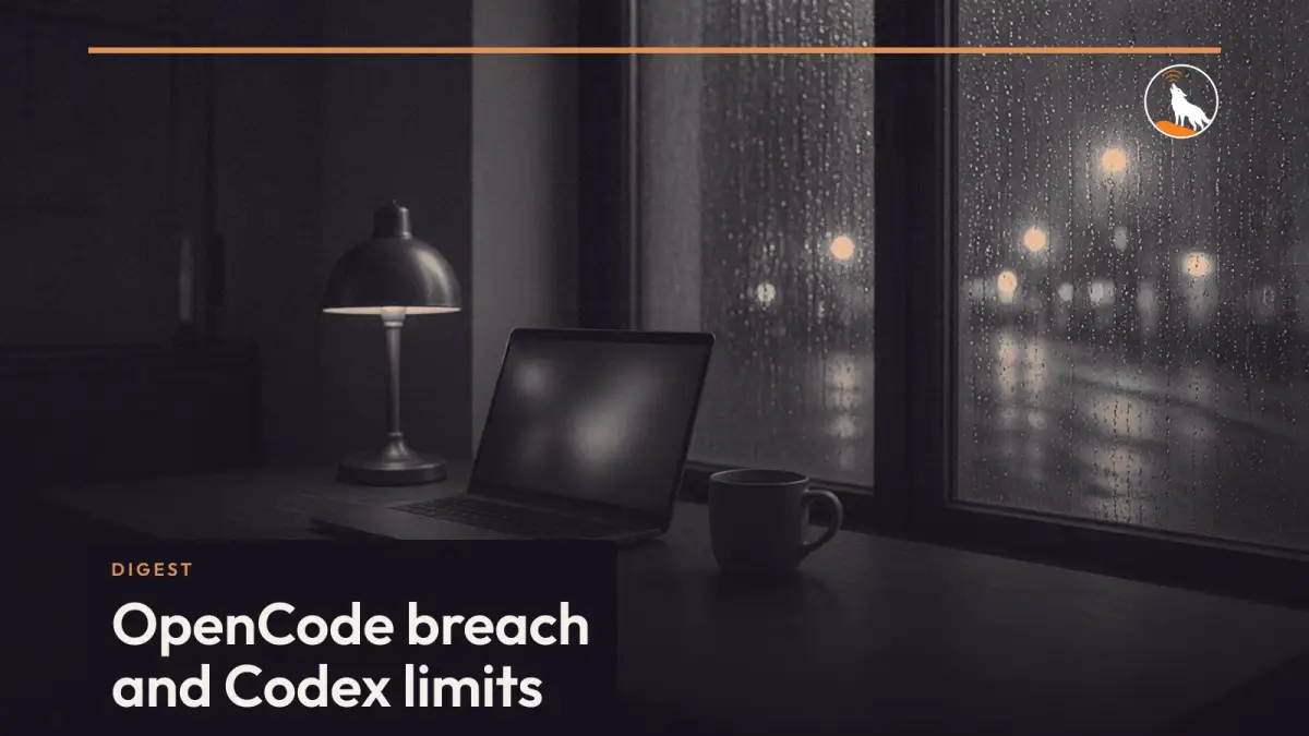 A generated quiet office before dawn, graded navy and orange, with the digest title OpenCode breach and Codex limits. Not a photograph.