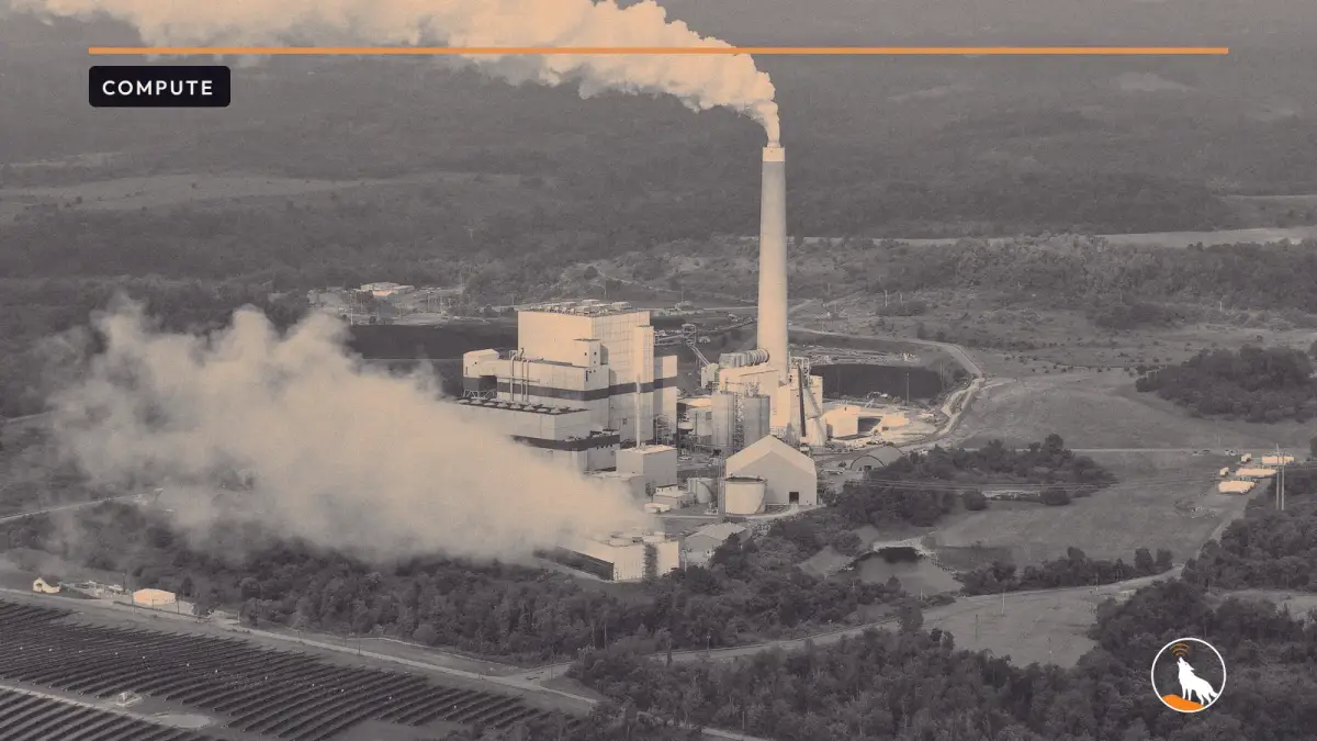 Aerial view of Longview Power Plant near Maidsville, West Virginia, graded navy and orange, with the wolf mark.