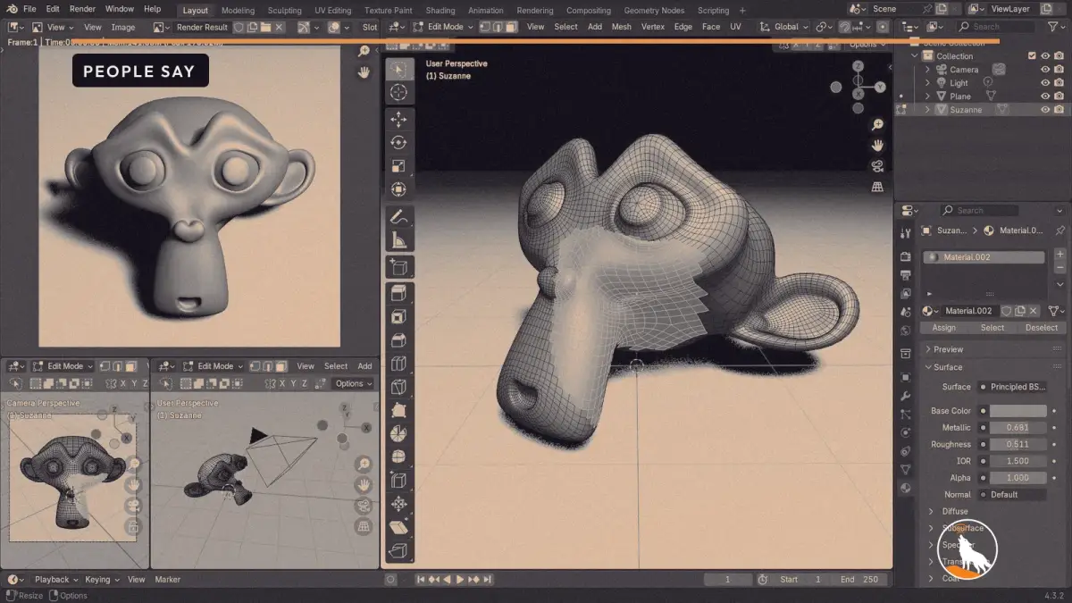 Blender 4.3 with a 3D model of the Suzanne monkey head open in several viewports, the kind of 3D work where Argon reviews are warmest.