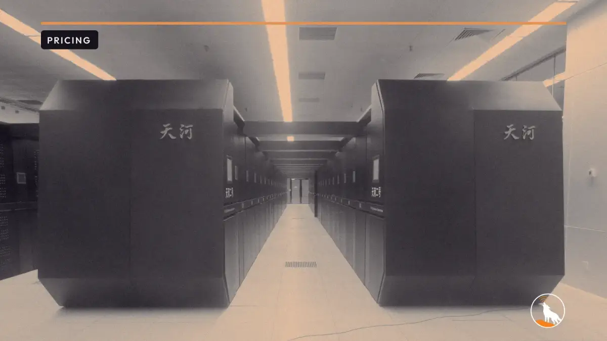 Tianhe-2 supercomputer cabinets at the National Supercomputer Center in Guangzhou, graded navy and orange, with the wolf mark.