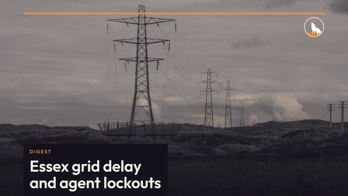 Electricity pylons across a field at Phillack, Cornwall, graded navy and orange, with the digest title.