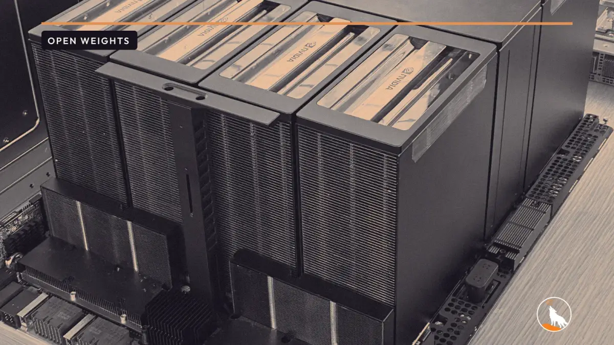 An Nvidia HGX B200 eight-GPU board with its heatsinks, the class of hardware large open-weight models need.