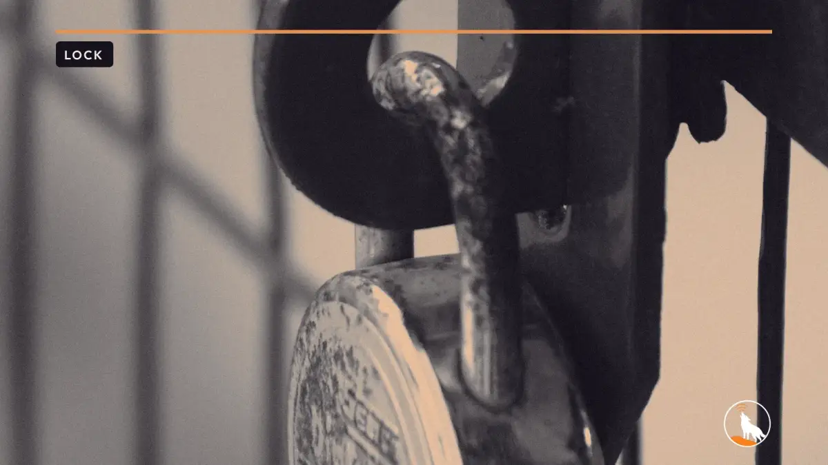 A rusty padlock, graded navy and orange, with the wolf mark.