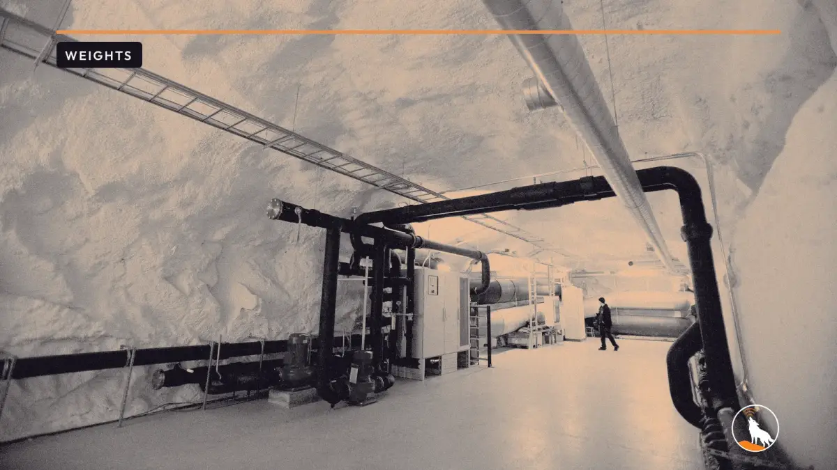 Blue district-cooling pipes in a Helsinki data center, graded navy and orange, with the wolf mark.