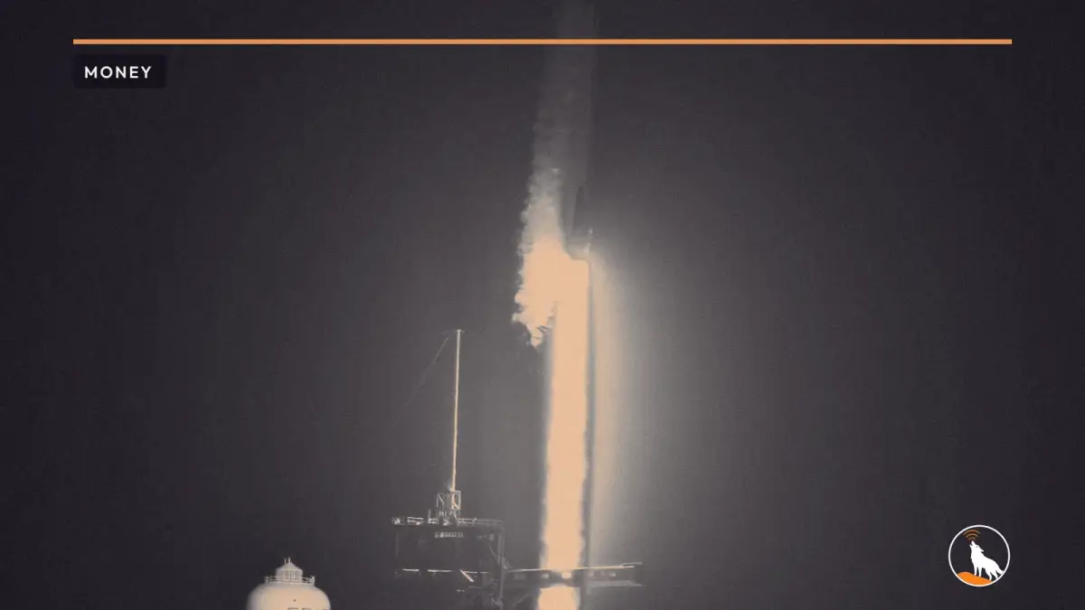 Exhaust plume of a Falcon 9 night launch, graded navy and orange, with the wolf mark.