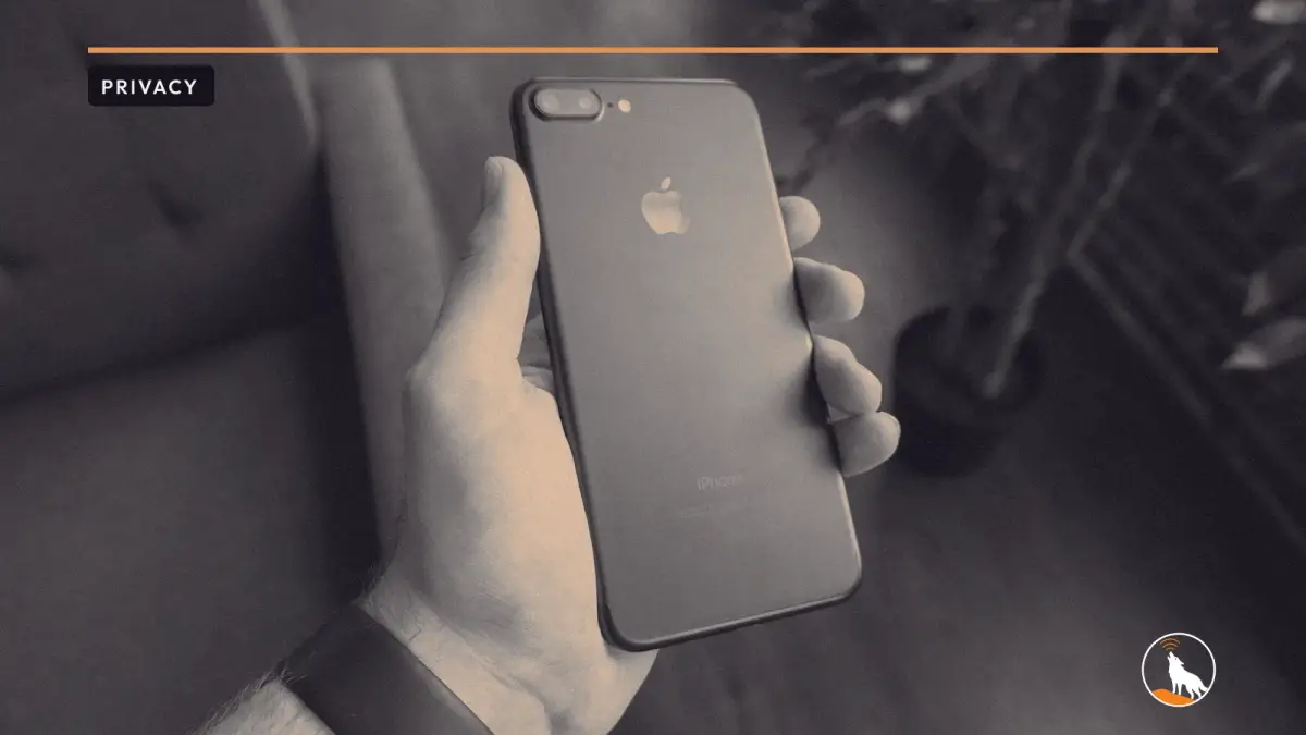 A hand holding a black smartphone outdoors, graded navy and orange, with the wolf mark.