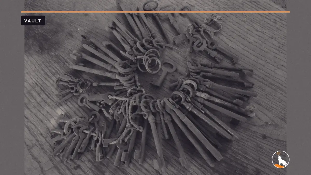A tangle of old rusty skeleton keys on metal rings and twine, lying on a weathered wooden table.