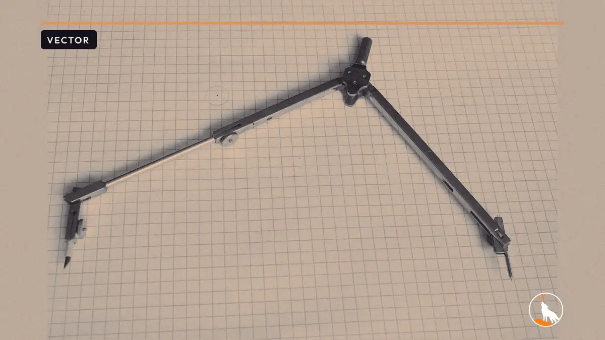 A metal drafting compass with a pencil tip, opened wide on a sheet of grid paper beside a small pencil circle.