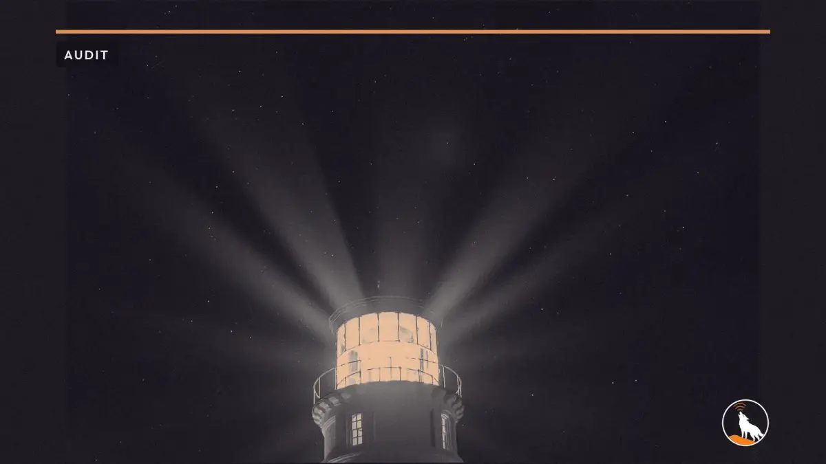 The lit lantern room of a lighthouse at night, with white and red beams fanning out into a dark, starry sky.