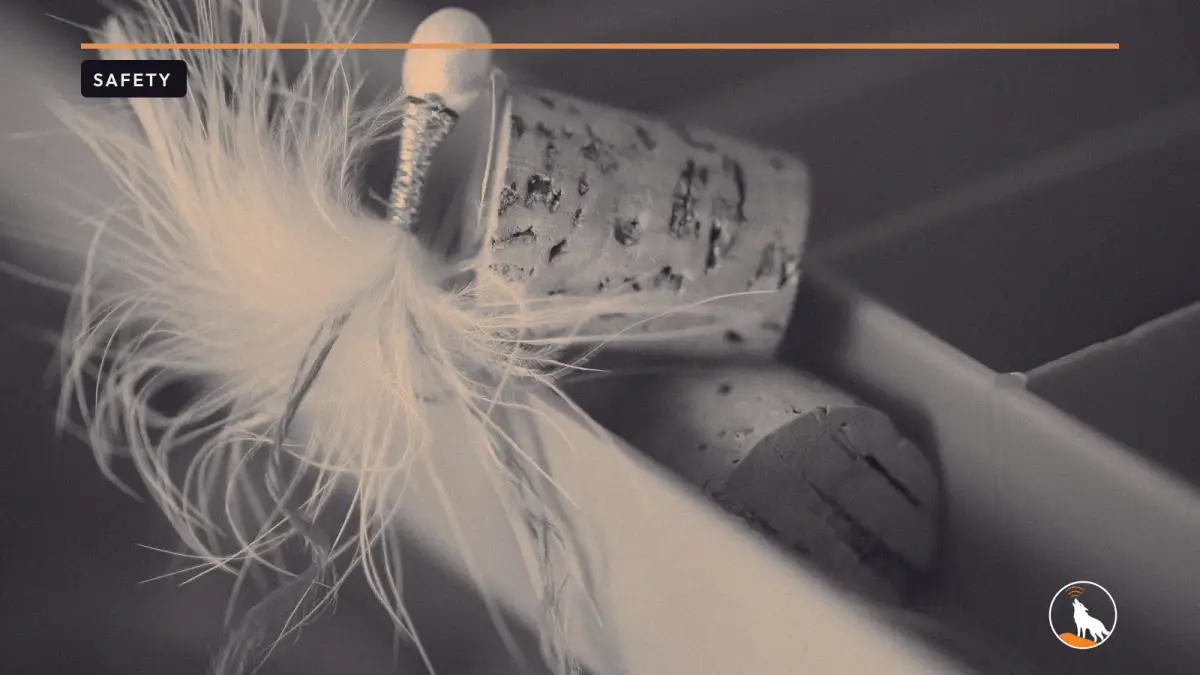 A close-up of a white feathered fishing lure with a pearl bead head and pink threads, resting against a cork in an orange tackle box.