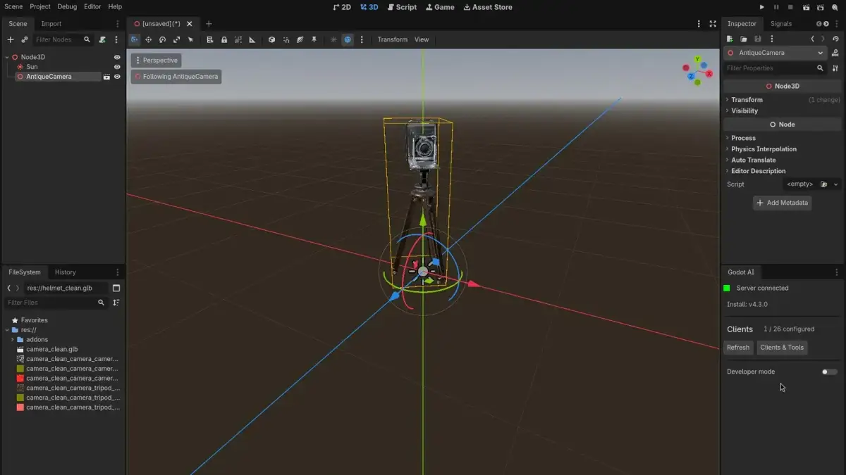Godot 4.7.2 editor showing an antique camera model placed by an AI agent and the Godot AI panel reading Server connected