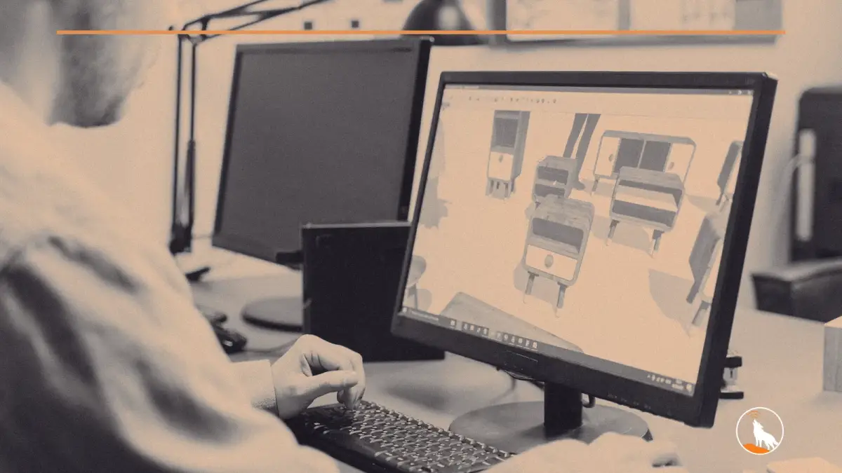 A designer working on a 3D model on a computer, graded navy and orange.