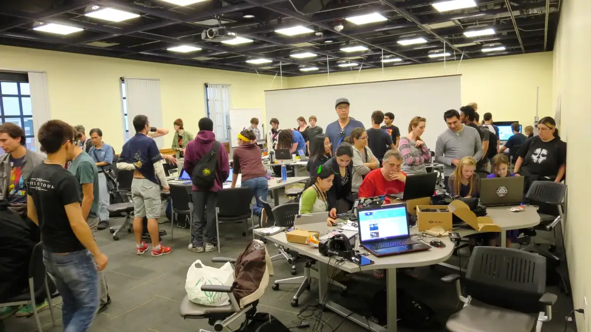 Developers gathered around laptops at Global Game Jam 2015 in Los Angeles